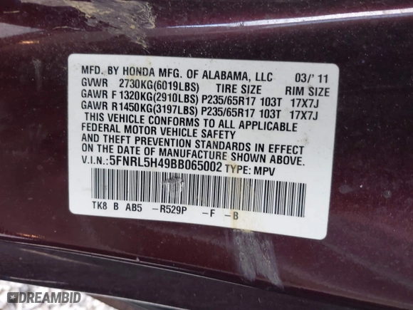 2011 Honda Odyssey EX with VIN 5FNRL5H49BB065002, listed as a IAAI auction lot 42043441 with 248,687 mi miles. Bid and sale history available at carsss.com. Image 9.