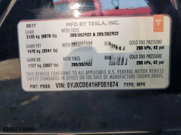 2017 Tesla Model X P100D with VIN 5YJXCDE41HF051674, listed as a Copart auction lot 62907544 with NaN miles and Salvage Title. Bid and sale history available at carsss.com. Image 14.