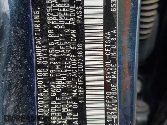 2014 Toyota Camry L with VIN 4T1BF1FK1EU776638, listed as a Copart auction lot 53781125 with 120,467 mi miles and Salvage Title. Bid and sale history available at carsss.com. Image 12.