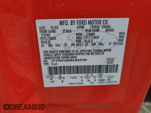 2006 Ford F-150 XLT with VIN 1FTPW14596KB43759, listed as a Copart auction lot 57687885 with Not provided miles and Salvage title. Bid and sale history available at DreamBid. Image 12.