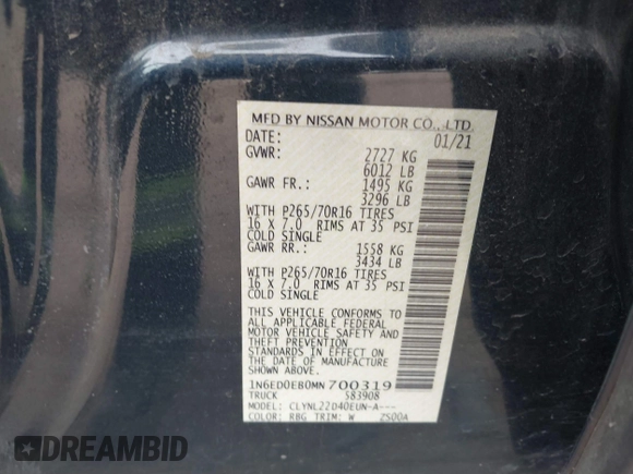 2021 Nissan Frontier SV with VIN 1N6ED0EB0MN700319, listed as a IAAI auction lot 41327194 with 51,313 mi miles and . Bid and sale history available at DreamBid. Image 9.