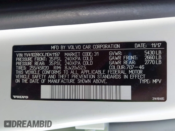 2018 Volvo XC60 Momentum с VIN YV4102RKXJ1041197, выставлен на аукционе IAAI как лот 42438998 с пробегом 110 977 миль миль и . История ставок и продаж доступна на DreamBid. Изображение 9.