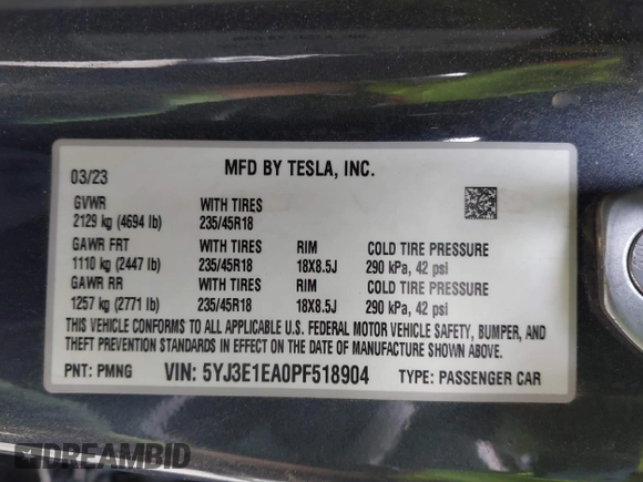 2023 Tesla Model 3 with VIN 5YJ3E1EA0PF518904, listed as a IAAI auction lot 42058540 with 20,945 mi miles and . Bid and sale history available at DreamBid. Image 9.