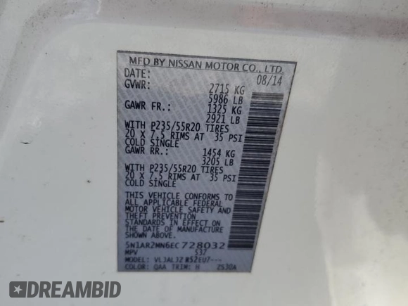 2014 Nissan Pathfinder Platinum with VIN 5N1AR2MN6EC728032, listed as a Copart auction lot 61914055 with 101,941 mi miles and Salvage title. Bid and sale history available at DreamBid. Image 14.