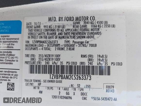 2012 Ford Mustang Premium with VIN 1ZVBP8AM2C5263373, listed as a IAAI auction lot 42447187 with 131,159 mi miles and . Bid and sale history available at DreamBid. Image 9.