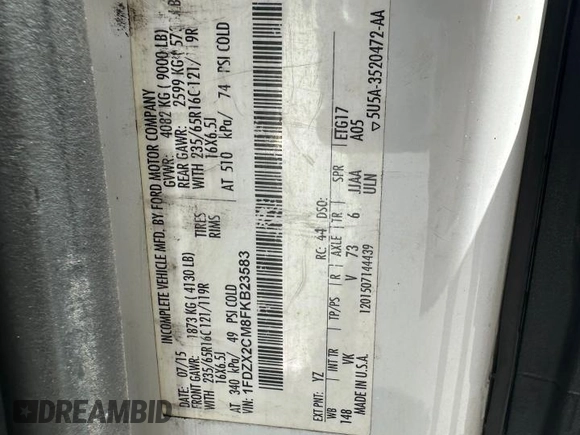 2015 Ford Transit XL z VIN 1FDZX2CM8FKB23583, wystawiony jako Copart lot #64052914 z przebiegiem 244 695 mil mil oraz Czysty tytuł • Clean title. Historia ofert i sprzedaży dostępna na DreamBid. Obrazek 10.