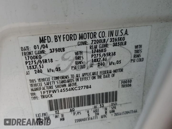2004 Ford F-150 XLT with VIN 1FTPW14554KC27784, listed as a Copart auction lot 60741985 with 3,163 mi miles and Salvage title. Bid and sale history available at DreamBid. Image 12.