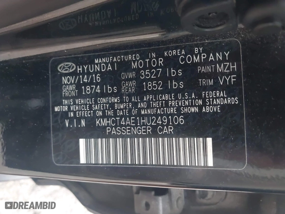 2017 Hyundai Accent SE with VIN KMHCT4AE1HU249106, listed as a IAAI auction lot 41714238 with 183,247 mi miles. Bid and sale history available at carsss.com. Image 9.