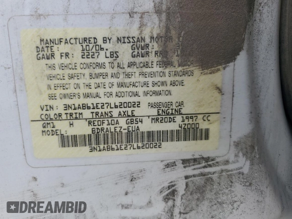 2007 Nissan Sentra S with VIN 3N1AB61E27L620022, listed as a Copart auction lot 62133085 with 204,460 mi miles and Salvage title. Bid and sale history available at DreamBid. Image 12.