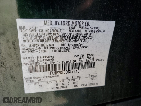 2013 Ford Taurus SHO z VIN 1FAHP2KT8DG173401, wystawiony jako Copart lot #54736195 z przebiegiem 176 507 mil mil oraz Szkoda całkowita • Salvage title. Historia ofert i sprzedaży dostępna na DreamBid. Obrazek 12.