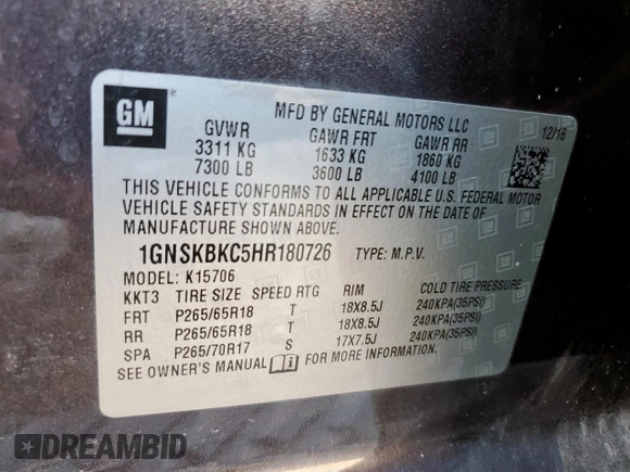 2017 Chevrolet Tahoe LT with VIN 1GNSKBKC5HR180726, listed as a Copart auction lot 57132405 with 116,110 mi miles and Salvage title. Bid and sale history available at DreamBid. Image 13.