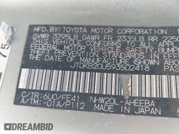 2009 Toyota Prius with VIN JTDKB20U593502418, listed as a IAAI auction lot 42083725 with 146,962 mi miles. Bid and sale history available at carsss.com. Image 9.