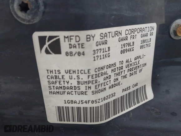 2005 Saturn ION ION 2 z VIN 1G8AJ54F05Z102232, wystawiony jako IAAI lot #41553732 z przebiegiem 122 758 mil mil oraz . Historia ofert i sprzedaży dostępna na DreamBid. Obrazek 9.