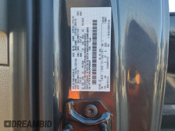2020 Ford F-150 XL with VIN 1FTFX1E56LKF08207, listed as a Copart auction lot 85778274 with Not provided miles and Salvage title. Bid and sale history available at DreamBid. Image 14.