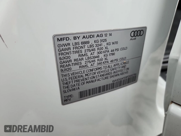 2015 Audi Q7 S line Prestige с VIN WA1DGAFE8FD012754, выставлен на аукционе Copart как лот 58642045 с пробегом 148 697 миль миль и Списание • Salvage title. История ставок и продаж доступна на DreamBid. Изображение 14.