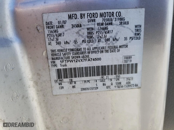 2007 Ford F-150 XLT with VIN 1FTPW12VX7FA74500, listed as a Copart auction lot 46751135 with 299,188 mi miles and Clean Title. Bid and sale history available at carsss.com. Image 12.