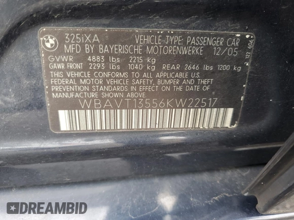 2006 BMW 3 Series 325xi with VIN WBAVT13556KW22517, listed as a Copart auction lot 43342125 with 113,636 mi miles and Salvage title. Bid and sale history available at DreamBid. Image 12.