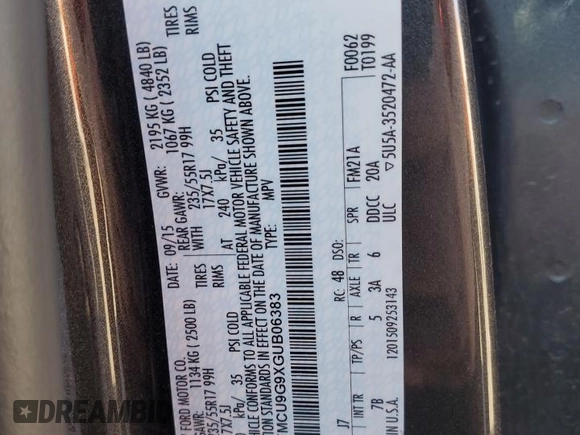 2016 Ford Escape SE z VIN 1FMCU9G9XGUB06383, wystawiony jako Copart lot #54385615 z przebiegiem 124 402 mil mil oraz Szkoda całkowita • Salvage title. Historia ofert i sprzedaży dostępna na DreamBid. Obrazek 14.