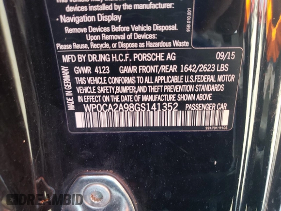 2016 Porsche 911 Carrera with VIN WP0CA2A98GS141352, listed as a Copart auction lot 68919674 with 38,982 mi miles and Salvage Title. Bid and sale history available at carsss.com. Image 12.