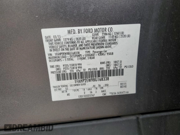 2011 Ford Taurus SEL with VIN 1FAHP2EW9BG168338, listed as a Copart auction lot 42991785 with 183,620 mi miles and Salvage Title. Bid and sale history available at carsss.com. Image 15.