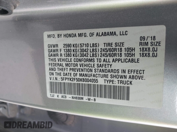 2019 Honda Ridgeline RTL with VIN 5FPYK2F50KB004055, listed as a IAAI auction lot 41576975 with 128,620 mi miles and . Bid and sale history available at DreamBid. Image 9.