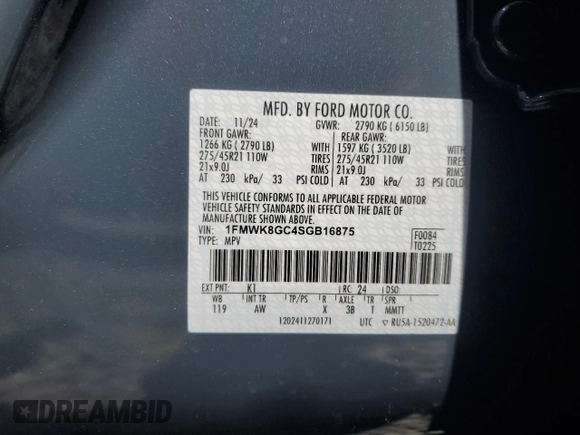 2025 Ford Explorer ST with VIN 1FMWK8GC4SGB16875, listed as a Copart auction lot 50733035 with 140 mi miles and Salvage Title. Bid and sale history available at carsss.com. Image 14.