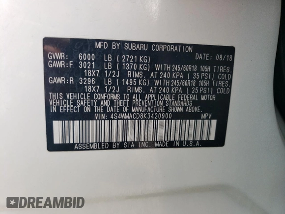 2019 Subaru Ascent Premium with VIN 4S4WMACD8K3420900, listed as a Copart auction lot 54334665 with 71,118 mi miles and Salvage title. Bid and sale history available at DreamBid. Image 14.