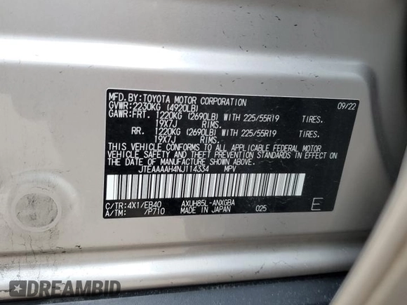 2022 Toyota Venza LE with VIN JTEAAAAH4NJ114334, listed as a Copart auction lot 76534994 with 34,338 mi miles and Non Repairable. Bid and sale history available at carsss.com. Image 13.