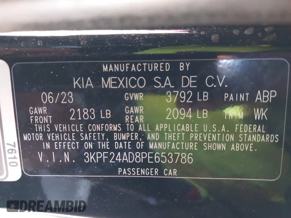 2023 Kia Forte LXS with VIN 3KPF24AD8PE653786, listed as a IAAI auction lot 41724948 with 27,598 mi miles and . Bid and sale history available at DreamBid. Image 9.
