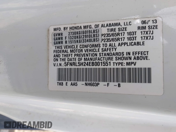 2014 Honda Odyssey LX with VIN 5FNRL5H24EB001551, listed as a IAAI auction lot 41879040 with 119,200 mi miles and . Bid and sale history available at DreamBid. Image 9.