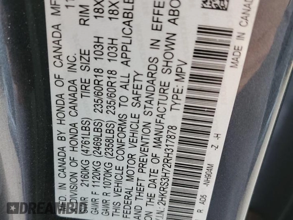 2024 Honda CR-V EX-L with VIN 2HKRS3H72RH317878, listed as a Copart auction lot 43935865 with 21,518 mi miles and Salvage Title. Bid and sale history available at DreamBid. Image 13.