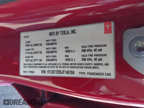 2018 Tesla Model 3 Long Range Battery with VIN 5YJ3E1EB5JF146184, listed as a IAAI auction lot 41808346 with 97,496 mi miles and . Bid and sale history available at DreamBid. Image 9.