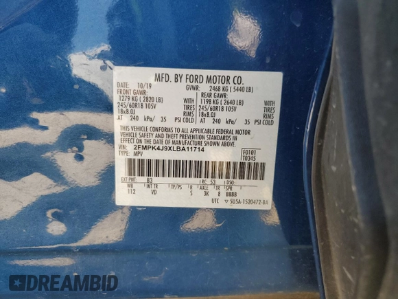 2020 Ford Edge SEL with VIN 2FMPK4J9XLBA11714, listed as a Copart auction lot 60585555 with 101,593 mi miles and Salvage title. Bid and sale history available at DreamBid. Image 13.