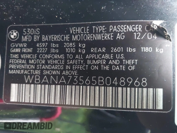 2005 BMW 5 Series 530i with VIN WBANA73565B048968, listed as a IAAI auction lot 41944019 with Not Provided miles and . Bid and sale history available at DreamBid. Image 9.