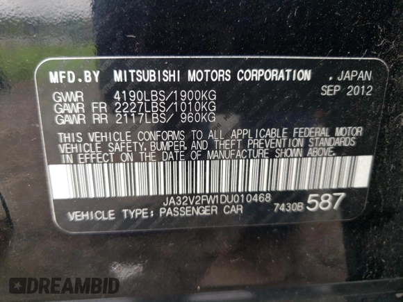 2013 Mitsubishi Lancer SE with VIN JA32V2FW1DU010468, listed as a Copart auction lot 73953524 with 124,975 mi miles and Salvage Title. Bid and sale history available at carsss.com. Image 14.