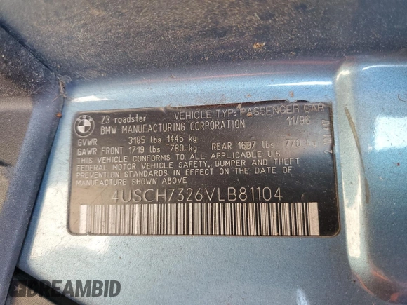 1997 BMW 3 Series 1.9L with VIN 4USCH7326VLB81104, listed as a Copart auction lot 85338034 with 174,200 mi miles and Salvage Title. Bid and sale history available at carsss.com. Image 12.