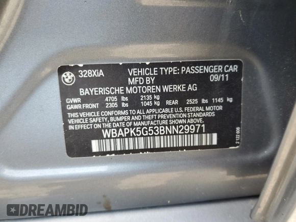 2011 BMW 3 Series 328i xDrive with VIN WBAPK5G53BNN29971, listed as a Copart auction lot 64880125 with 88,286 mi miles and Clean title. Bid and sale history available at DreamBid. Image 12.