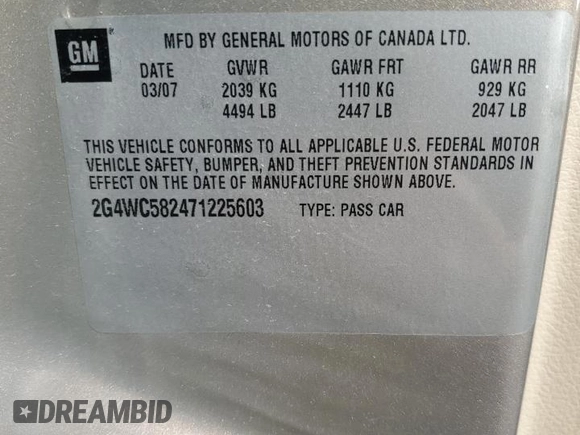 2007 Buick LaCrosse CX with VIN 2G4WC582471225603, listed as a Copart auction lot 54840425 with 188,468 mi miles and Salvage title. Bid and sale history available at DreamBid. Image 14.