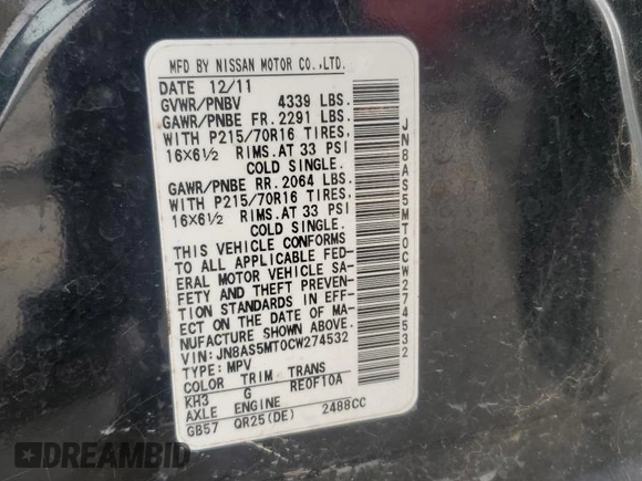2012 Nissan Rogue S with VIN JN8AS5MT0CW274532, listed as a Copart auction lot 87309864 with 218,298 mi miles and Salvage Title. Bid and sale history available at DreamBid. Image 16.