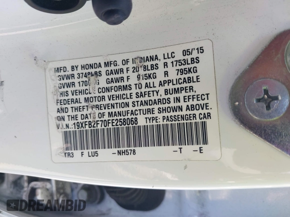 2015 Honda Civic Sedan SE with VIN 19XFB2F70FE258068, listed as a IAAI auction lot 41976430 with 129,246 mi miles. Bid and sale history available at carsss.com. Image 9.
