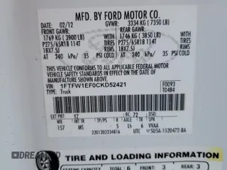 2012 Ford F-150 XL with VIN 1FTFW1EF0CKD52421, listed as a Copart auction lot 44705125 with 122,054 mi miles and Salvage Title. Bid and sale history available at carsss.com. Image 14.