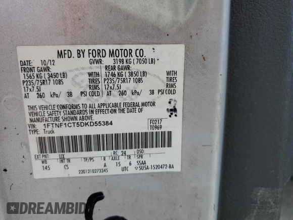 2013 Ford F-150 XL with VIN 1FTNF1CT5DKD55384, listed as a Copart auction lot 74448514 with 0 mi miles and Salvage Title. Bid and sale history available at carsss.com. Image 13.