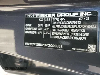 2023 Fisker Ocean One z VIN VCF1ZBU20PG002558, wystawiony jako Copart lot #43626775 z przebiegiem Nie podano mil oraz Szkoda całkowita • Salvage title. Historia ofert i sprzedaży dostępna na DreamBid. Obrazek 13.