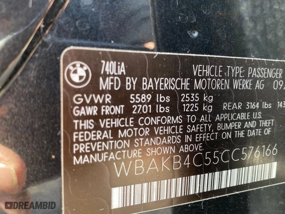 2012 BMW 7 Series 740Li with VIN WBAKB4C55CC576166, listed as a Copart auction lot 52448115 with 154,949 mi miles and Clean Title. Bid and sale history available at carsss.com. Image 10.