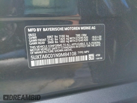 2022 BMW X5 xDrive45e with VIN 5UXTA6C01N9M84108, listed as a Copart auction lot 65150782 with 5,977 mi miles. Bid and sale history available at carsss.com. Image 10.