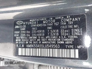 2020 Hyundai Kona Ultimate with VIN KM8K53A55LU549563, listed as a IAAI auction lot 41714066 with 101,444 mi miles. Bid and sale history available at carsss.com. Image 9.