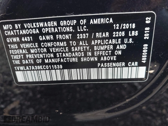 2019 Volkswagen Passat 2.0T Wolfsburg Edition with VIN 1VWLA7A39KC011539, listed as a IAAI auction lot 41616136 with 54,652 mi miles. Bid and sale history available at carsss.com. Image 9.