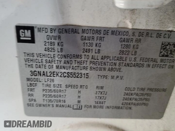 2012 Chevrolet Captiva Sport LS with VIN 3GNAL2EK2CS552315, listed as a Copart auction lot 46130345 with 100,324 mi miles and Salvage Title. Bid and sale history available at DreamBid. Image 13.
