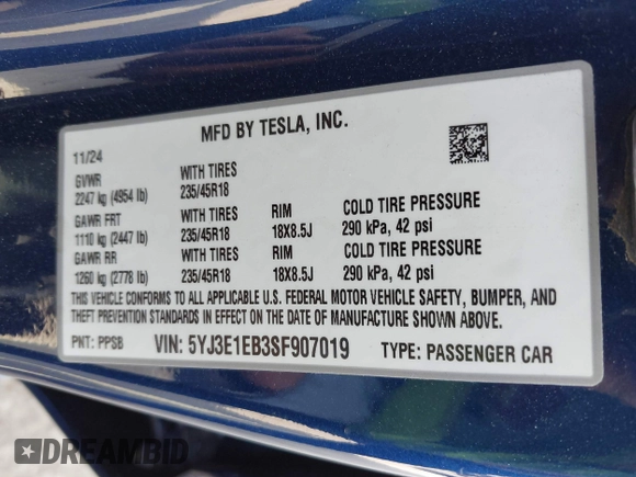 2025 Tesla Model 3 Long Range z VIN 5YJ3E1EB3SF907019, wystawiony jako IAAI lot #42117014 z przebiegiem 3 323 mil mil oraz . Historia ofert i sprzedaży dostępna na DreamBid. Obrazek 9.