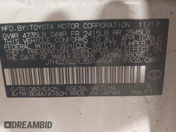 2018 Lexus IS 350 z VIN JTHCZ1D2XJ5014964, wystawiony jako IAAI lot #41722586 z przebiegiem 73 884 mil mil oraz . Historia ofert i sprzedaży dostępna na DreamBid. Obrazek 9.